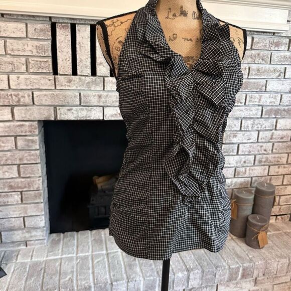 Express Y2K Ruffle Front Structured Plaid Blouse‎ Size Small Black & White - Picture 3 of 12